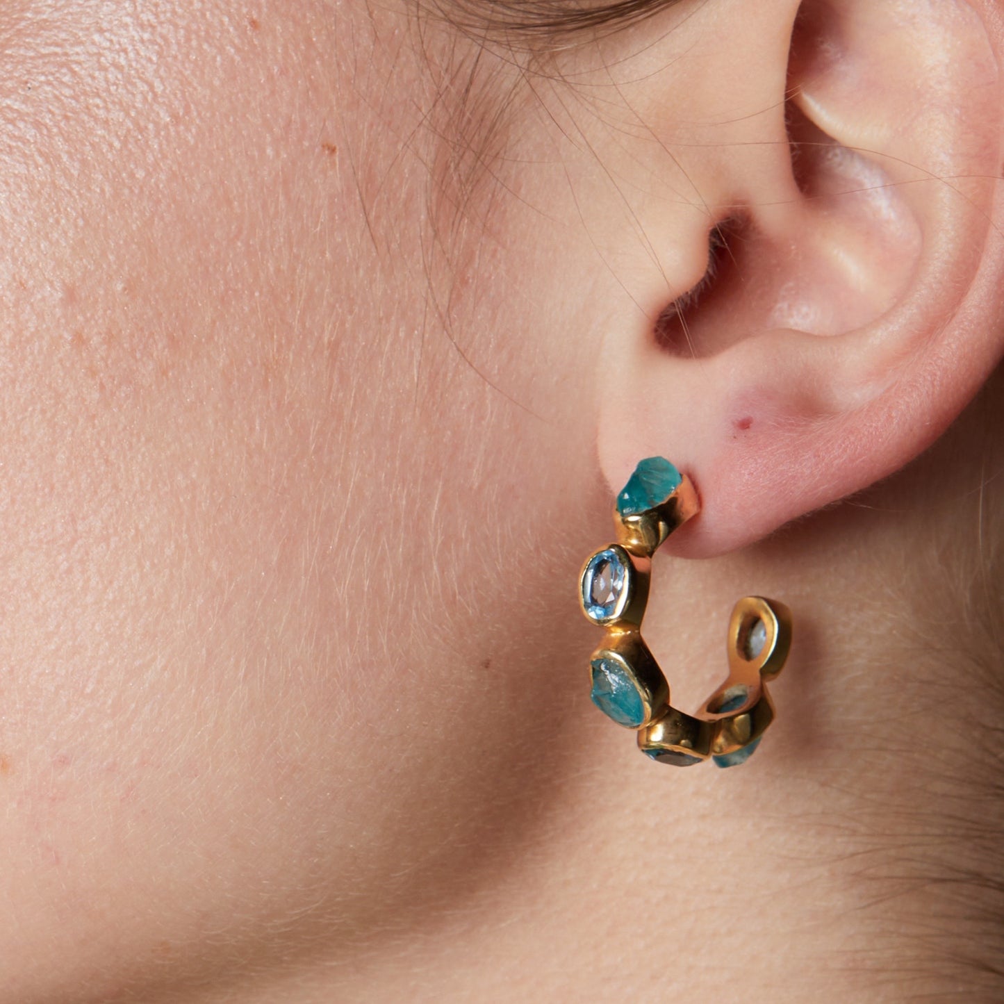 Unfiltered Apatite and Blue Topaz Six Stone Hoop Earrings
