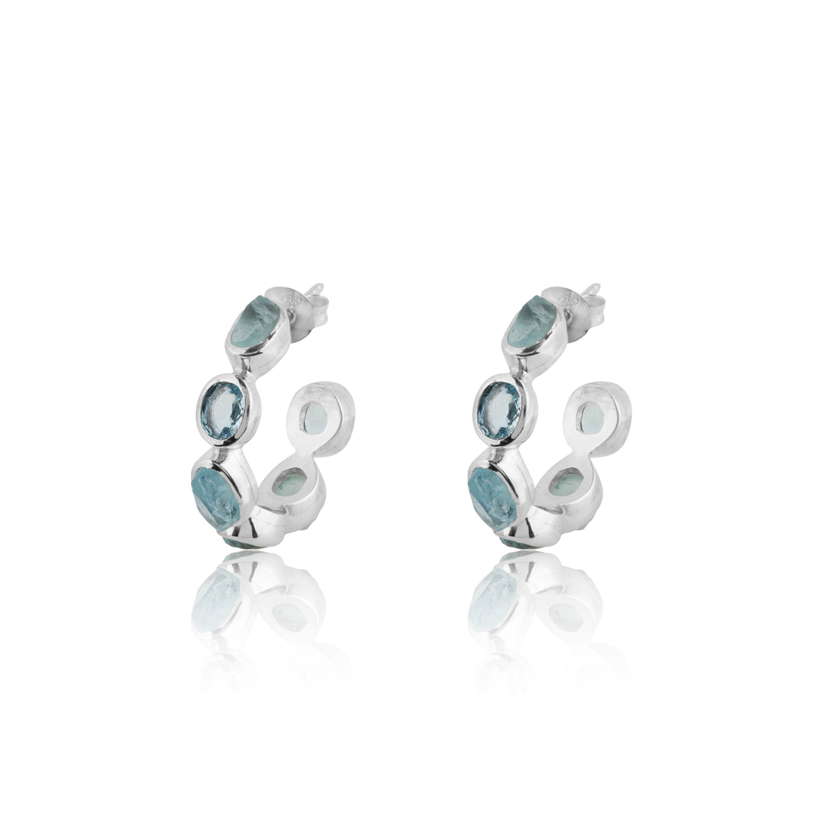 Unfiltered Aquamarine Six Stone Silver Hoop Earrings